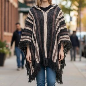 Sweet Jane Sweater Boho Hippie Fall Festival Poncho SZ M Earth Tone Striped